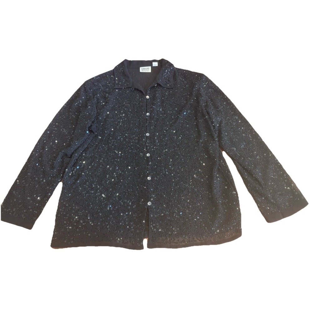Chicos Design Heavily Beaded Tunic‎ Top Black Dressy Evening Sheer 3 XL XXL